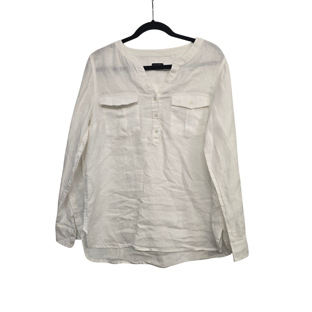 Talbots White 100% Linen‎ Popover Blouse Coastal Grandmother Old Money Large
